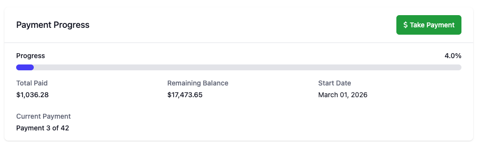 Payment Progress card showing Total Paid, Remaining Balance, Start Date, and current payment number, with a Take Payment action button.
