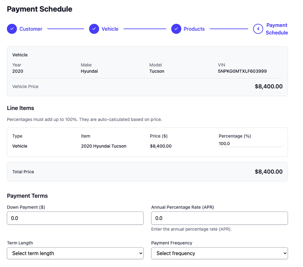 FastPay deal wizard on the final Payment Schedule step, with Customer, Vehicle, and Products steps already checked off and a 2020 Hyundai Tucson selected.